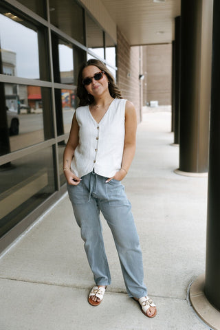 Front Tie Denim Pants, Blue Grey *final sale - The Red Thread Boutique