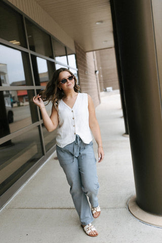 Front Tie Denim Pants, Blue Grey *final sale - The Red Thread Boutique