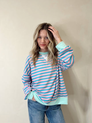 Harlow Stripe Pullover, Teal/Pink - The Red Thread Boutique