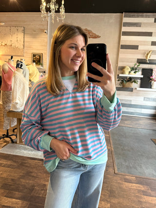 Harlow Stripe Pullover, Teal/Pink - The Red Thread Boutique