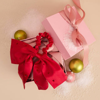 Holiday Satin & Rhinestone Bow Scrunchie - The Red Thread Boutique