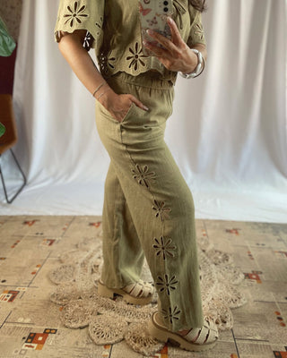 Gigi Embroidered Side Pants, Green Fig - The Red Thread Boutique