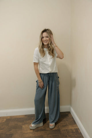 Isla Linen Pocket Pleated Pants, Denim - The Red Thread Boutique