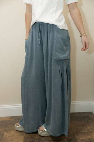 Isla Linen Pocket Pleated Pants, Denim - The Red Thread Boutique