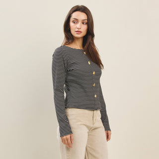 Jewel Button Stripe Top, Black *final sale* - The Red Thread Boutique