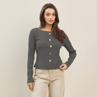 Jewel Button Stripe Top, Black *final sale* - The Red Thread Boutique