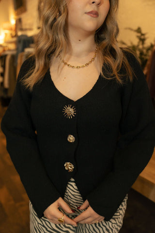 Jeweled Button Cardi, Black - The Red Thread Boutique
