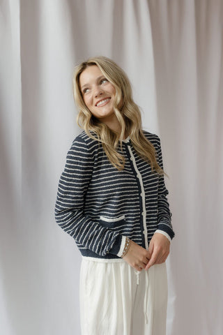 Linden Stripe Cardigan, Navy - The Red Thread Boutique