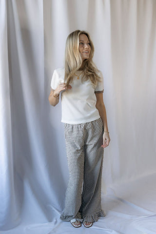 Mila Waffle Tee, White/Mocha - The Red Thread Boutique