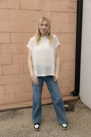 Open Knit Crew Sweater, White - The Red Thread Boutique