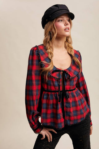 Plaid Velvet Trim Holiday Blouse, Red *final sale - The Red Thread Boutique