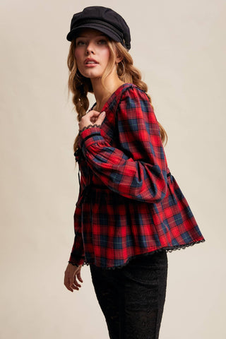 Plaid Velvet Trim Holiday Blouse, Red *final sale - The Red Thread Boutique