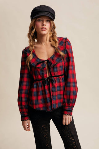 Plaid Velvet Trim Holiday Blouse, Red *final sale - The Red Thread Boutique