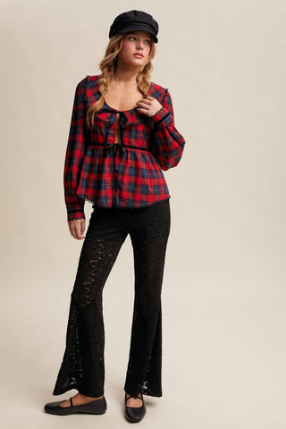 Plaid Velvet Trim Holiday Blouse, Red *final sale - The Red Thread Boutique