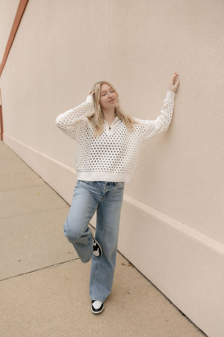 Quarter Zip Crochet Sweater, White - The Red Thread Boutique