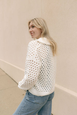 Quarter Zip Crochet Sweater, White - The Red Thread Boutique