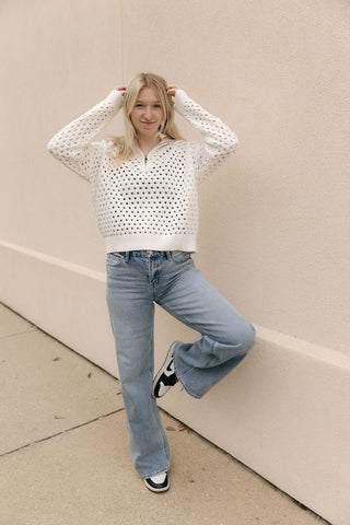 Quarter Zip Crochet Sweater, White - The Red Thread Boutique