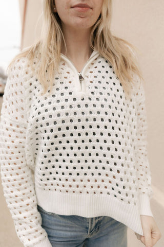 Quarter Zip Crochet Sweater, White - The Red Thread Boutique