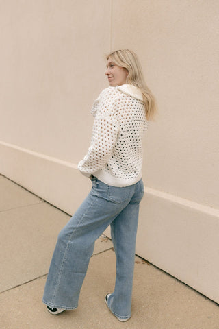 Quarter Zip Crochet Sweater, White - The Red Thread Boutique