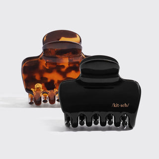 Recycled Plastic Medium Puffy Claw Clips 2pc Set - Black/Tort - The Red Thread Boutique