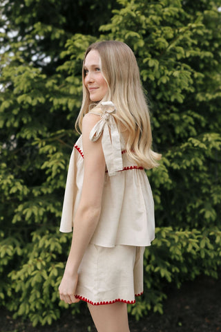 Red Trim Linen Shorts *final sale - The Red Thread Boutique