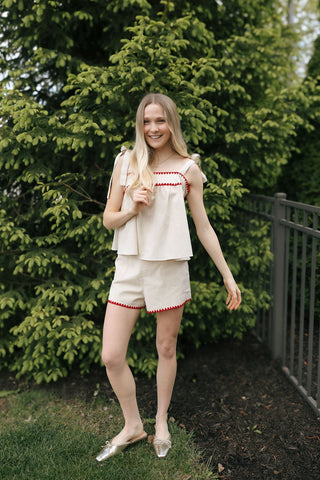 Red Trim Linen Top *final sale - The Red Thread Boutique