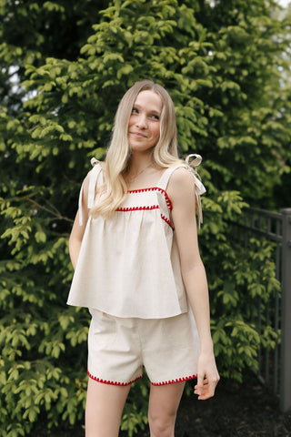 Red Trim Linen Top *final sale - The Red Thread Boutique