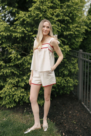 Red Trim Linen Top *final sale - The Red Thread Boutique