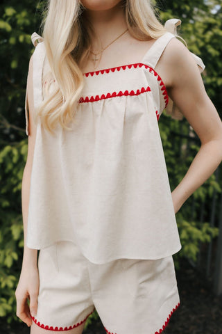 Red Trim Linen Top *final sale - The Red Thread Boutique