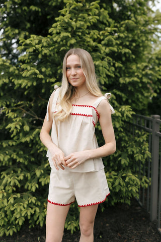 Red Trim Linen Top *final sale - The Red Thread Boutique