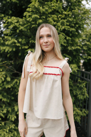 Red Trim Linen Top *final sale - The Red Thread Boutique