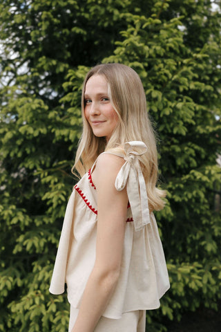 Red Trim Linen Top *final sale - The Red Thread Boutique