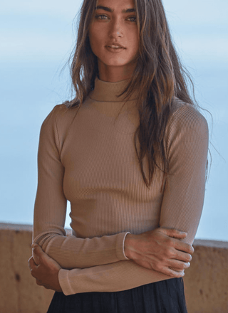Ribbed Mock Neck, Tan - The Red Thread Boutique
