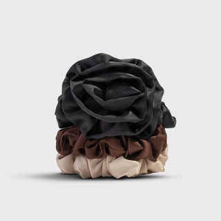 Rosette Ruched Satin Scrunchies 3pc Set - Black - The Red Thread Boutique