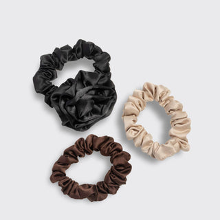 Rosette Ruched Satin Scrunchies 3pc Set - Black - The Red Thread Boutique