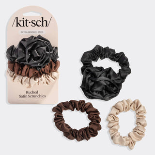 Rosette Ruched Satin Scrunchies 3pc Set - Black - The Red Thread Boutique