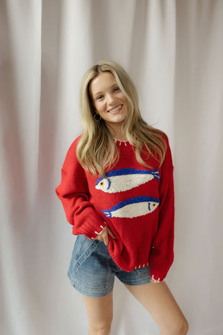 Sardines Knit Sweater, Red - The Red Thread Boutique