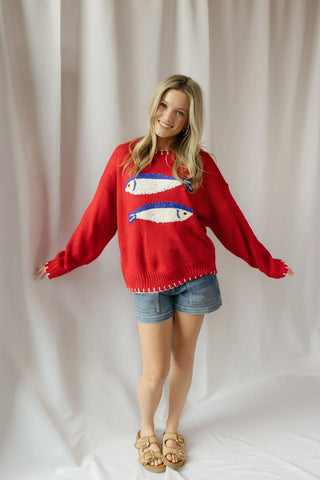 Sardines Knit Sweater, Red - The Red Thread Boutique