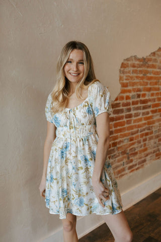 Shirred Floral Mini Dress, Blue *final sale - The Red Thread Boutique
