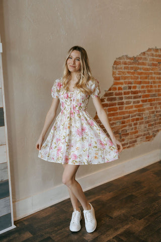 Shirred Floral Mini Dress, Pink *final sale - The Red Thread Boutique
