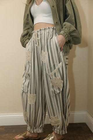 Stella Stripe Crochet Flower Pants, Charcoal - The Red Thread Boutique