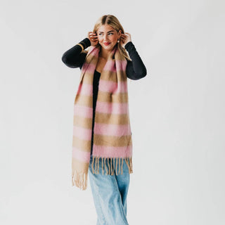 Stevie Striped Tassel Scarf: Tan/Pink - The Red Thread Boutique