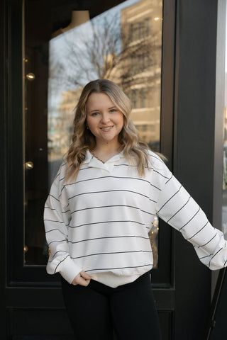 Stripe Polo Sweatshirt, Cream/Black - The Red Thread Boutique