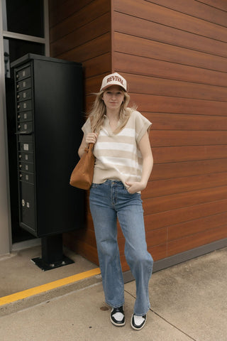 Stripe Sleeveless Collar Sweater, Tan - The Red Thread Boutique