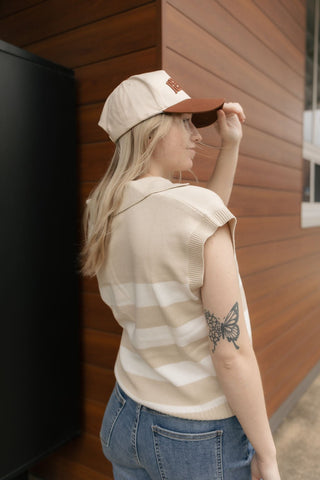 Stripe Sleeveless Collar Sweater, Tan - The Red Thread Boutique