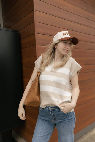 Stripe Sleeveless Collar Sweater, Tan - The Red Thread Boutique