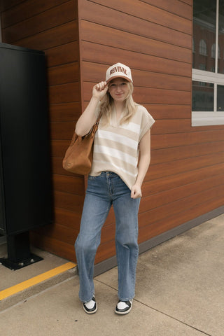 Stripe Sleeveless Collar Sweater, Tan - The Red Thread Boutique