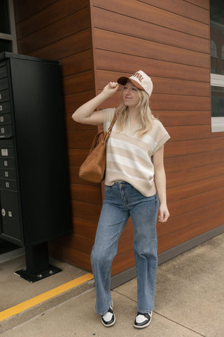 Stripe Sleeveless Collar Sweater, Tan - The Red Thread Boutique
