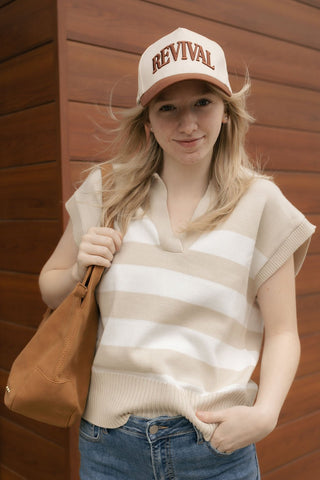 Stripe Sleeveless Collar Sweater, Tan - The Red Thread Boutique