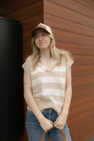 Stripe Sleeveless Collar Sweater, Tan - The Red Thread Boutique